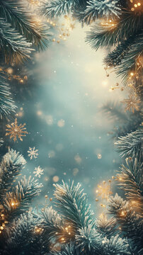 Enchanted winter frame with deep emerald pine branches, beige snow and shimmering frost, crystal snowflake ornaments on golden chains, magical glowing particles and misty center light in luxurious fai