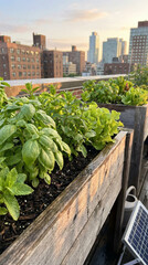 Fototapeta premium Vibrant rooftop garden featuring basil and lettuce in wooden planters, with a city skyline backdrop during sunset, ideal for urban gardeners.