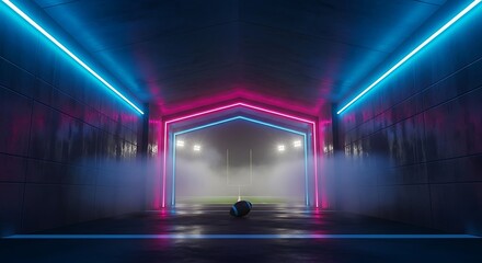 Futuristic soccer tunnel entrance with neon blue and pink light beams and a ball on the dark ground