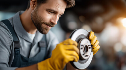 Mechanic replacing brake disc on defocused car repair, faceless auto shop work, installation visualization detail, blurred workshop background, replacement concept, service interfa
