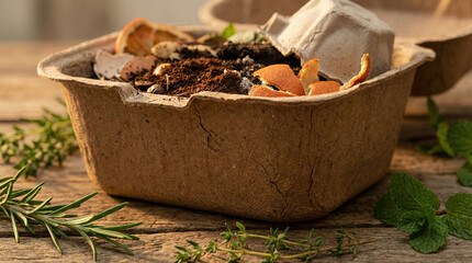 Close-up of an eco-friendly container filled with organic waste like coffee grounds and citrus peels, ideal for composting and sustainable living.