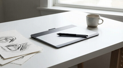 Minimalist workspace featuring a drawing tablet and sketches, ideal for artistic projects and home office setups.