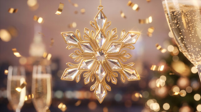 Elegant gold and crystal snowflake ornament at a holiday party. Christmas and New Year's Eve celebration with champagne and confetti. Luxury festive background