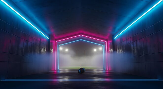 Futuristic soccer tunnel entrance with neon blue and pink light beams and a ball on the dark ground - Powered by Adobe