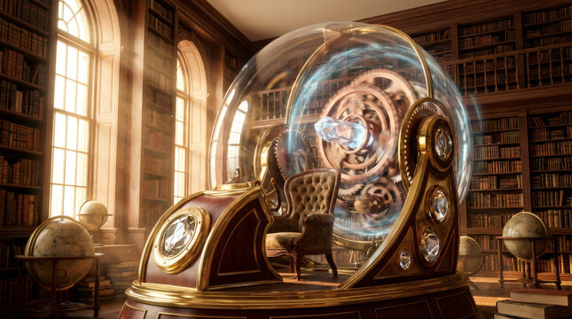 Futuristic steampunk time machine in a grand library. Science fiction invention with glowing energy and clockwork gears for time travel