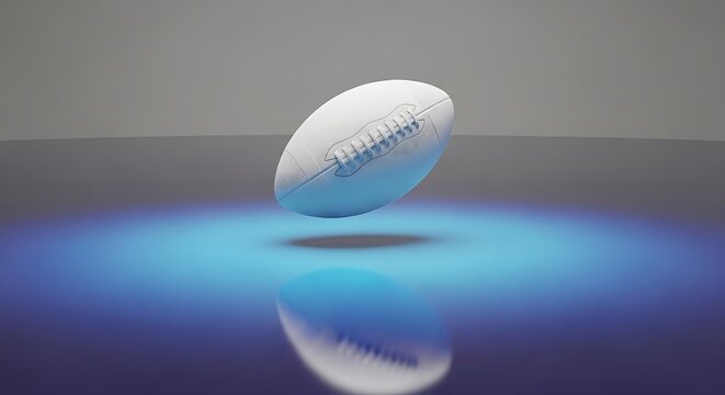Realistic 3d rendering of a white american football floating above a reflective blue surface with soft lighting