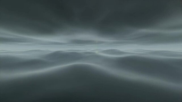 An environment of drifting, haze-filled layers that slide past one another at different speeds; faint glimmers of reflected light flicker softly in the background, creating a quiet sense of multidimen