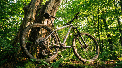 Mountain bike leans against a tree trunk in a vibrant forest, showcasing outdoor adventure and the beauty of nature.