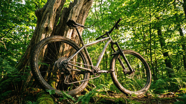 Mountain bike leans against a tree trunk in a vibrant forest, showcasing outdoor adventure and the beauty of nature.