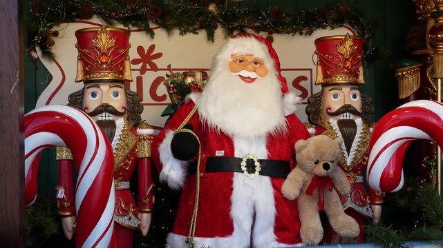 Holiday Christmas Market - Festive Christmas decorations featuring Santa Claus, Saint Nicholas, and classic Nutcracker figures, cheerful holiday props create a joyful seasonal atmosphere.