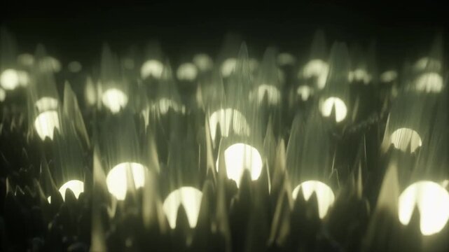 A field of diffused glowing orbs that rise gently at different depths, each orb softly pulsing in brightness; thin translucent veils drift horizontally, causing the light to refract and subtly warp