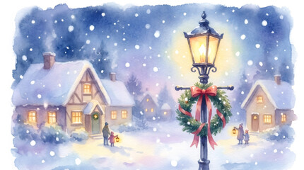 Fototapeta premium A watercolor illustration of a cozy Christmas village at night. Festive winter scene with snow-covered houses and a glowing lamppost