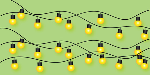 Hanging yellow string lights pattern on green background festive decorative vector