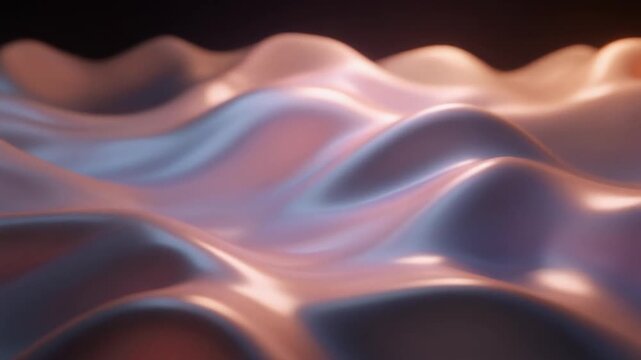 A flowing abstract surface resembling liquid silk illuminated from beneath, forming smooth undulations; subtle highlights glide along the folds as translucent waves slide gently across
