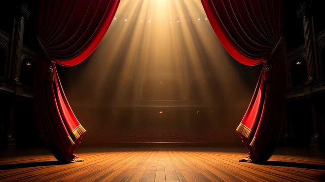 Grand red velvet curtains opening on a dark stage to reveal bright spotlight beams in a cinematic 3D animation, creating a dramatic background for awards