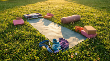 A yoga mat with accessories like blocks and straps on grass, ideal for outdoor practice during sunset relaxation.