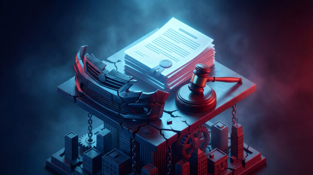 Conceptual image of a car accident insurance claim. Damaged auto bumper with legal documents and a judge's gavel representing law and justice. Vehicle collision and policy dispute concept