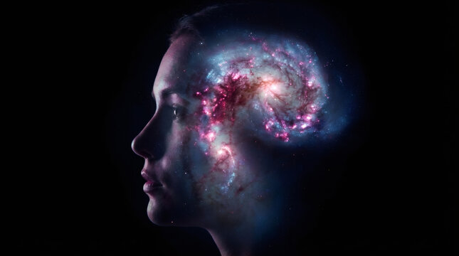 A woman's profile with a galaxy in her head representing the mind and consciousness. Conceptual double exposure of the universe within a human brain