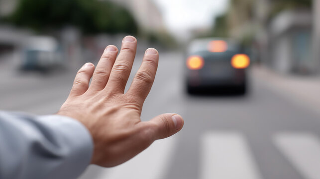 Man foot on brake pedal defocused while driving, faceless emergency braking, safety visualization detail, blurred car background, traffic control concept, road interface, driving d