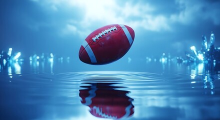 Dramatic closeup of a wet american football suspended above water with glowing blue lights in the background
