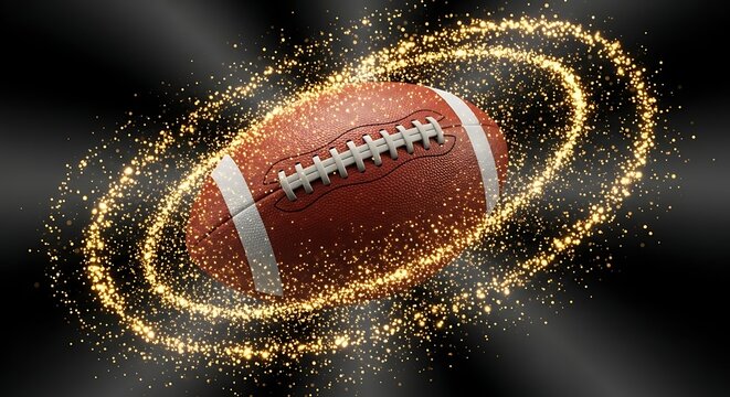 Realistic 3d rendering of an american football spinning with a magical golden glitter particle ring effect on a dark background