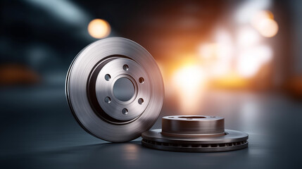 Brake disc and pads components defocused automotive parts, faceless system display, brake visualization detail, blurred background setting, maintenance concept, repair interface, p