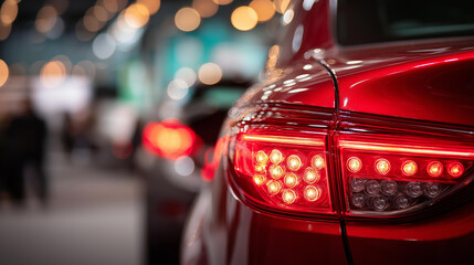 Car brake lights at show defocused automotive display, faceless vehicle exhibition, lighting visualization detail, blurred show background, automotive concept, display interface, l