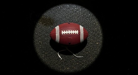 American football resting on a dark, textured surface illuminated by a spotlight from above in a dramatic, highcontrast setting