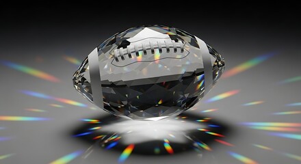 Brilliant diamond shaped like an american football reflecting colorful light rays in a dark setting