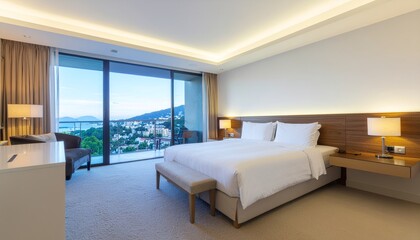 Fototapeta premium Luxurious Bedroom with Ocean View at Sunrise.