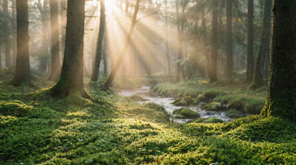 A serene forest illuminated by sunlight through trees, featuring a gentle stream over mossy ground, great for nature-themed designs.
