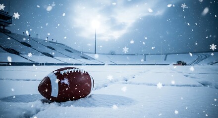American football resting on snowcovered field inside empty stadium during heavy snowfall with dramatic winter sky