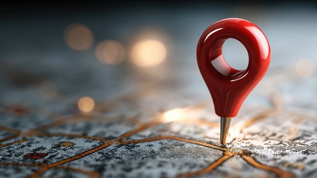 Red address location pointer symbol marks the spot on cracked asphalt road, shows gps navigation and destination concept