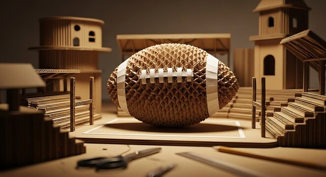 Handmade american football crafted from corrugated cardboard sits on a miniature stadium field model