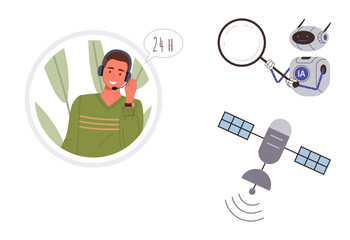 Customer support representative speaking with headset, magnifying glass with AI robot, and a satellite transmitting data. Ideal for technology, communication, AI, customer service, analytics