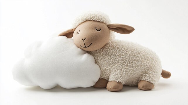 Adorable plush sheep toy peacefully sleeping and hugging a soft white cloud pillow, isolated on a white background. - Powered by Adobe