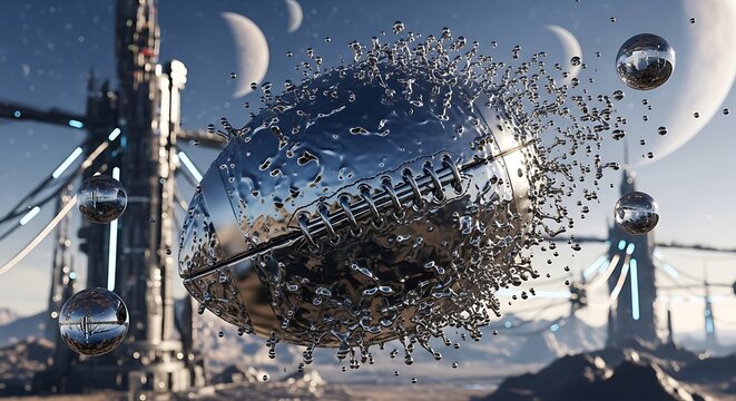 Futuristic chrome sphere exploding into fragments above an alien planet landscape with futuristic structures and moons in the sky