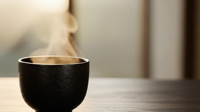 Steaming black cup of hot drink on a wooden table, cozy and relaxing atmosphere, time lapse