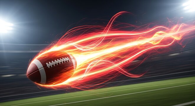 Fiery, glowing american football speeding across a dark stadium field with bright stadium lights in the background - Powered by Adobe