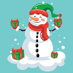 A mascot of a cheerful snowman with gifts