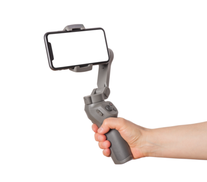 Woman holding a blank smart phone on gimbal stabilizer and taking a picture or recording a video, isolated on white or transparent background - Powered by Adobe