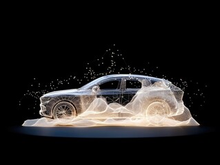A wireframe model of a car is depicted with glowing light trails and particles, suggesting motion and technology.