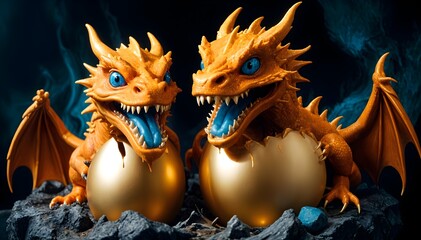 Golden Fire Dragons Fantasy Illustration - Magical Creature Art Design