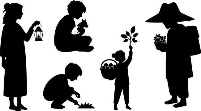 Children gardening planting and harvesting fruits vector black silhouette illustration