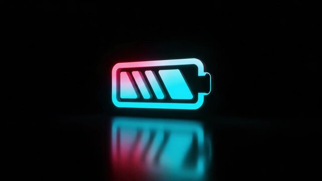 Battery icon glowing with blue and red lights on dark background  