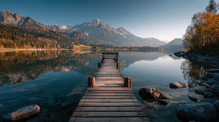 Wooden pier extends into calm lake with mountain views during sunset in austria, capturing serene tranquility and reflective waters
