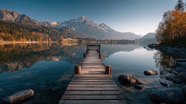 Wooden pier extends into calm lake with mountain views during sunset in austria, capturing serene tranquility and reflective waters