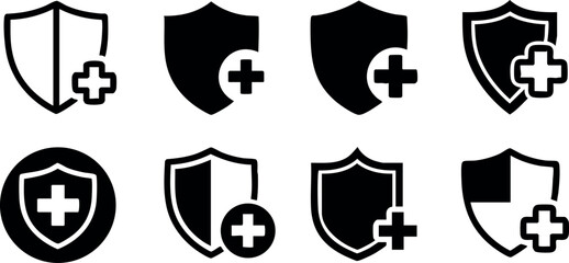 Black and white medical shield icons protection and healthcare symbols vector illustration set
