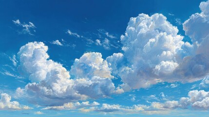 Bright sunlight casting light on fluffy cumulus clouds drifting across a beautiful blue sky on a clear day