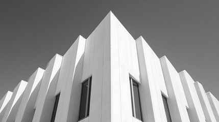 Sharp angular white building facade with geometric patterns and dark windows modern architecture white facade